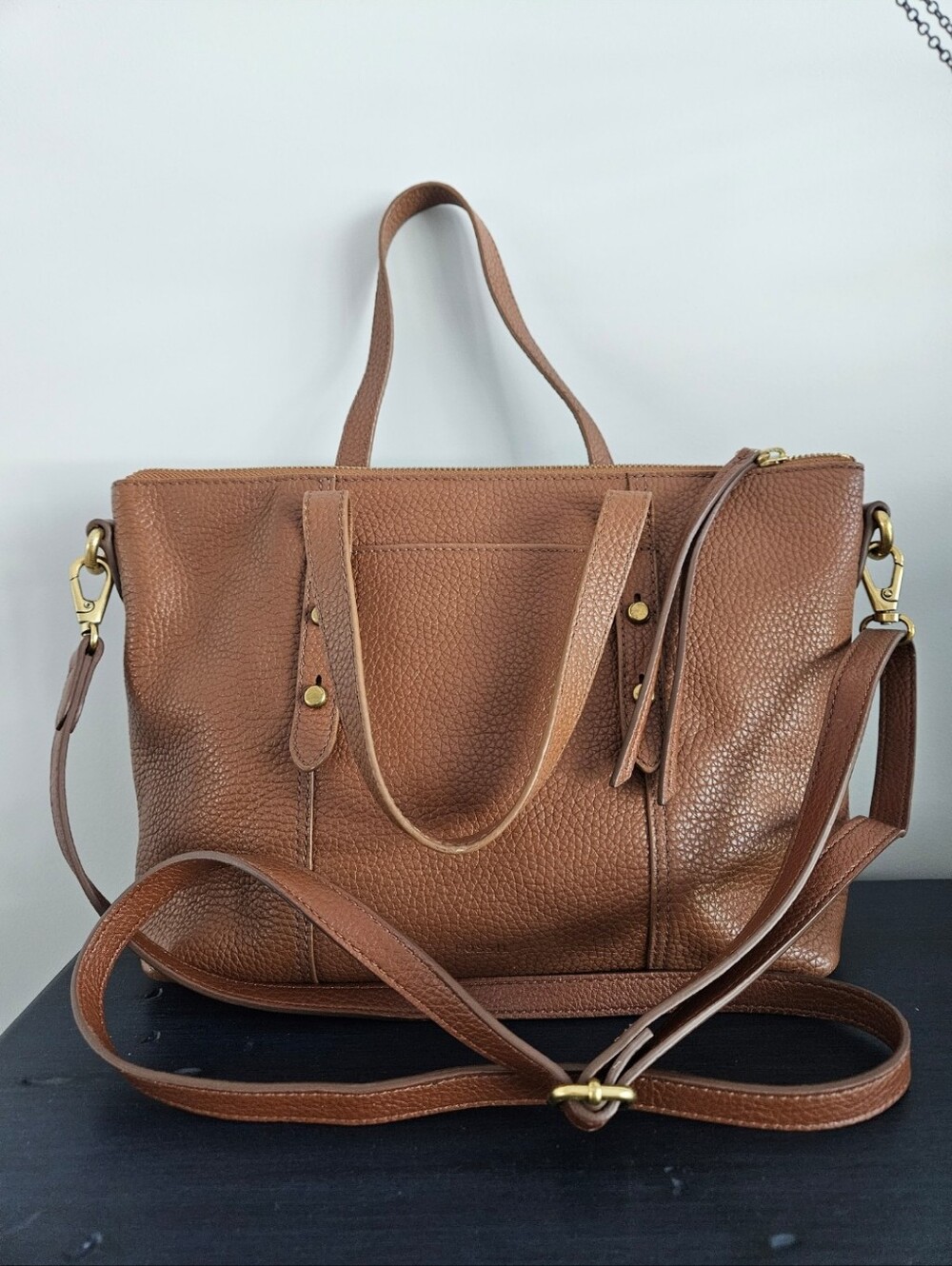Fossil Brown Leather Tote Satchel Bag with Gold Hardware